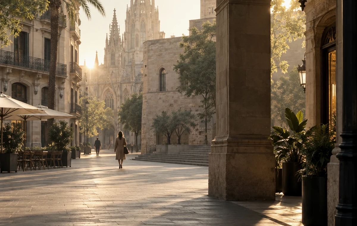 Golden morning street scene in Barcelona with historic architecture