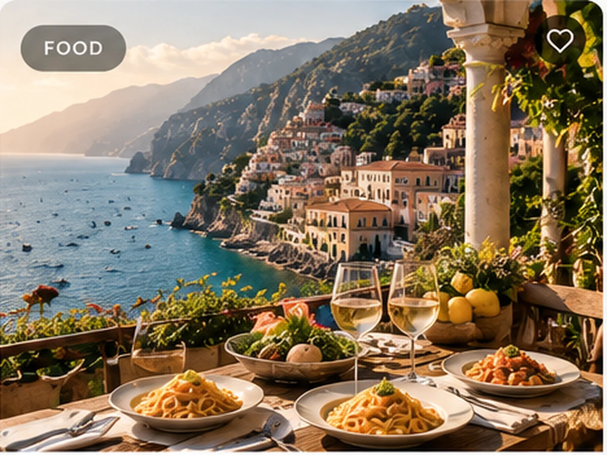 Italian food served on a terrace overlooking the Amalfi Coast