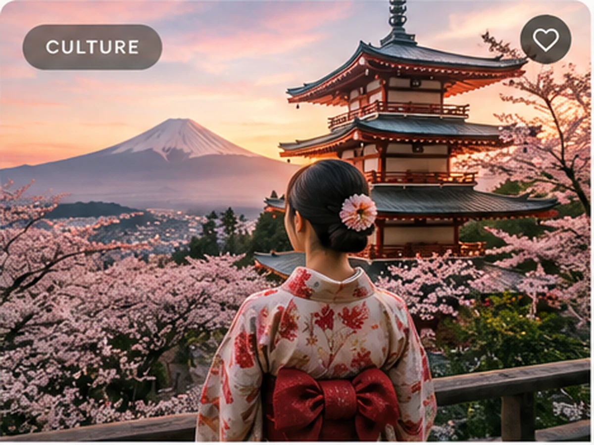 Traditional Japanese temple with Mount Fuji and spring blossoms